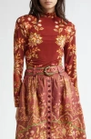 Farm Rio Pineapple Dream Long Sleeve Mock Neck Shirt In Burgundy