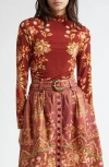 Farm Rio Pineapple Dream Long Sleeve Mock Neck Shirt In Burgundy