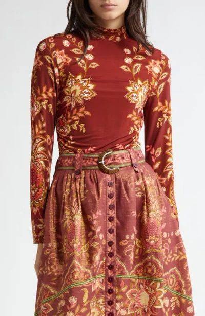Farm Rio Pineapple Dream Long Sleeve Mock Neck Shirt In Burgundy