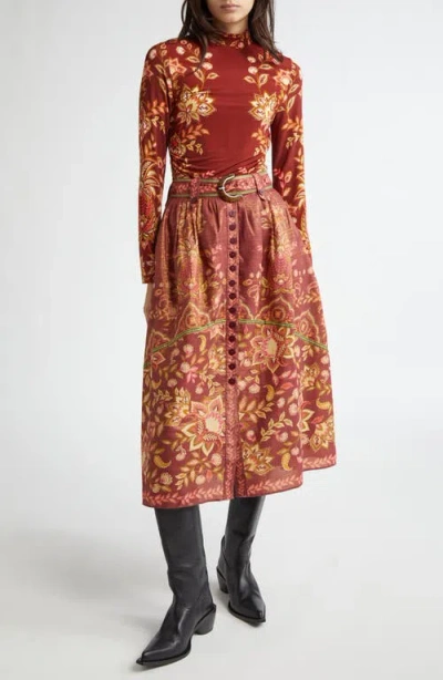 Farm Rio Pineapple Dream Metallic A-line Skirt In Burgundy