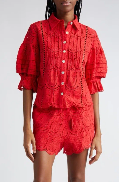Farm Rio Pineapple Eyelet Cotton Button-up Shirt In Red