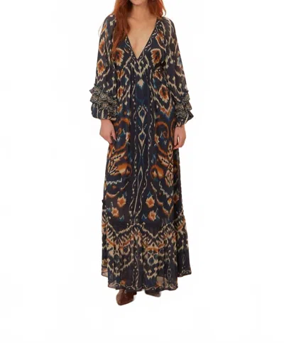 Farm Rio Pineapple Ikat Raglan Maxi Dress In Blue In Black