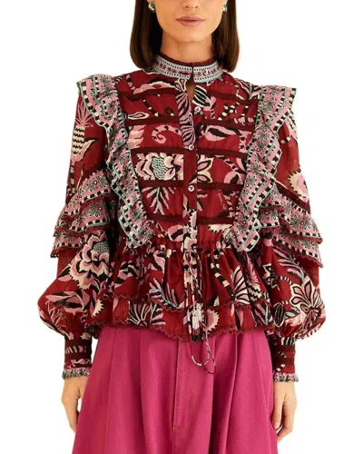 Farm Rio Pineapple Inspiration Burgundy Ruffled Blouse