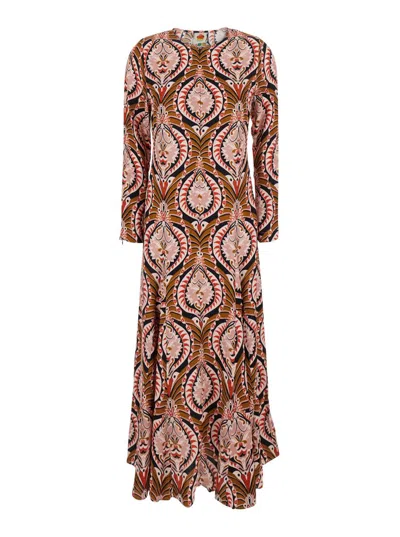 Farm Rio Pineapple Jewelry Multicolor Midi Dress With Flared Hem And All-over Floral Print In Tech Fabric Wom