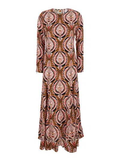 FARM RIO PINEAPPLE JEWELRY MULTICOLOR MIDI DRESS WITH FLARED HEM AND ALL-OVER FLORAL PRINT IN TECH FABRIC WOM