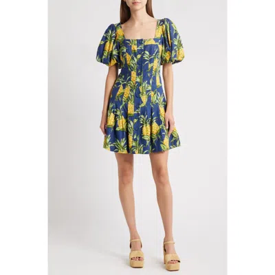 Farm Rio Pineapple Print Linen Blend Minidress In Blue
