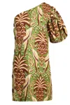 Farm Rio Pineapple Tapestry Green One Shoulder Buttoned Mini Dress In Brown