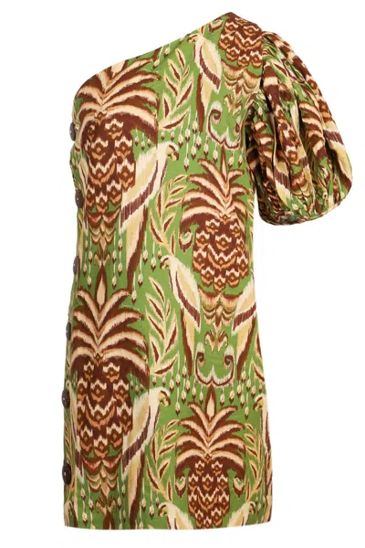 Farm Rio Pineapple Tapestry Green One Shoulder Buttoned Mini Dress In Brown