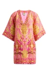 Farm Rio Pineapple Tapestry Studded Linen Shift Dress In Multi