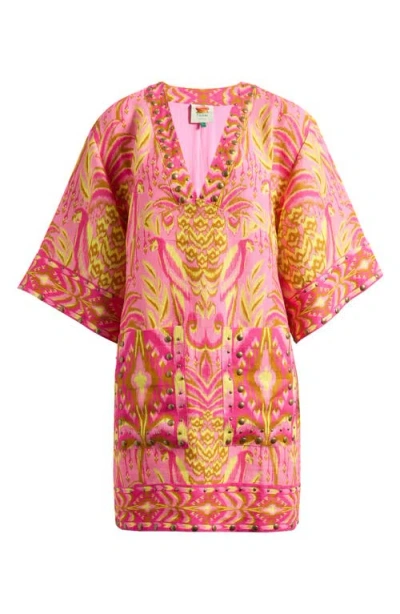 Farm Rio Pineapple Tapestry Studded Linen Shift Dress In Multi