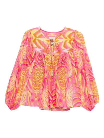 Farm Rio Pineapple Tapestry Tassel-neckline Patterned Top In Red