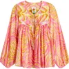 Farm Rio Pineapple Tapestry Tassel-neckline Patterned Top In Red