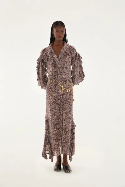 Farm Rio Pink Baby Leopard Long Sleeve Angled Frill Maxi Dress In Multi