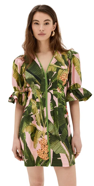 Farm Rio Pink Banana Leaves V Neck Mini Dress Banana Leaves Pink