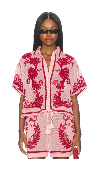 Farm Rio Embroidered Button-up Shirt In Pink