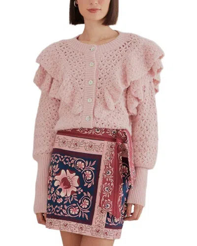 Farm Rio Pink Flower Texture Knit Wool-blend Cardigan