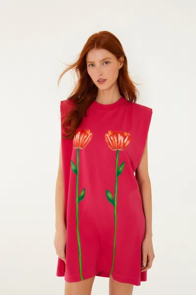 Farm Rio Pink Tropical Rose Padded Shoulders Organic Cotton Mini Dress