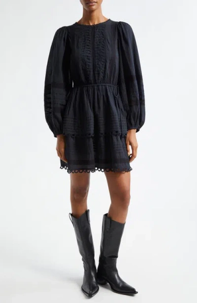 Farm Rio Pintuck & Lace Detail Long Sleeve Cotton Minidress In Black