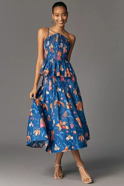 Farm Rio Pintuck Cotton Midi Skirt In Blue