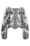 Farm Rio Placed Floral Print Long Sleeve Cotton Top In Flower Leopards