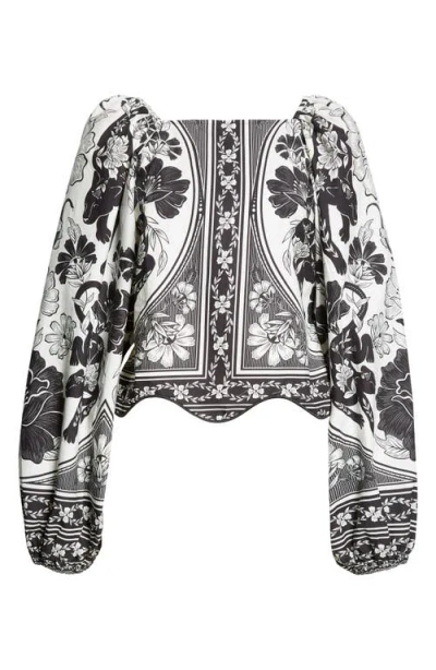 Farm Rio Placed Floral Print Long Sleeve Cotton Top In Flower Leopards