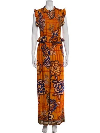 Pre-owned Farm Rio Plaid Print Mock Neck Jumpsuit In Orange
