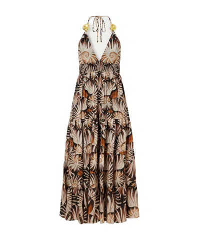 Farm Rio Embellished Printed Shirred Tiered Georgette Halterneck Midi Dress In Multi