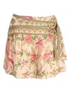 Farm Rio Belted Wrap-effect Pleated Floral-print Linen Mini Skirt In Neutral