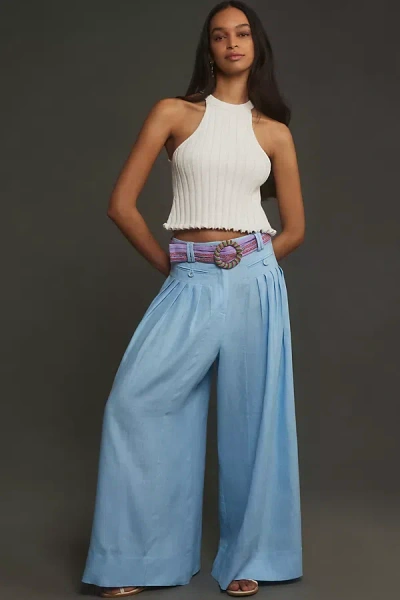 Farm Rio Pleated High-waisted Belted Linen Trousers Pants In Blue