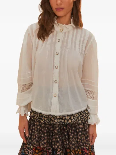 Farm Rio Pleated Lace-insert Blouse In Nude