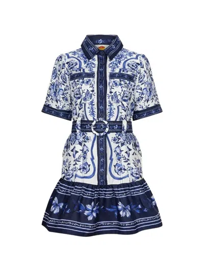 Farm Rio Porcelain Garden Belted Linen Mini Dress In Blue