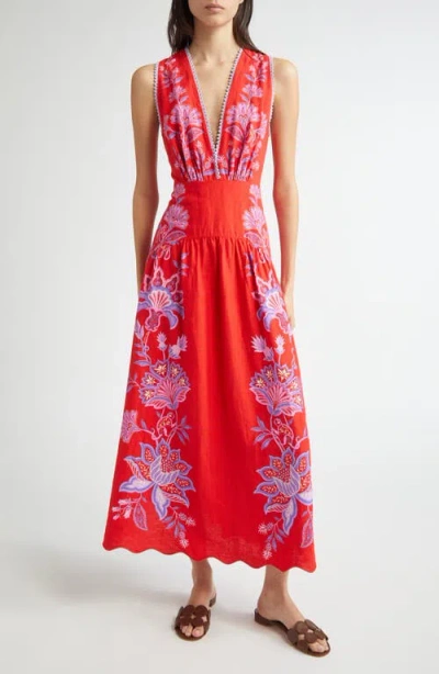 Farm Rio Porcelain Garden Floral Linen Maxi Dress In Red
