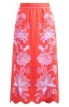 Farm Rio Porcelain Garden Embroidered Scallop-hem Midi Skirt In Red