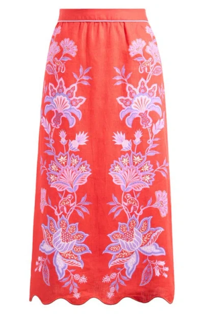 Farm Rio Porcelain Garden Floral Linen Maxi Skirt In Red