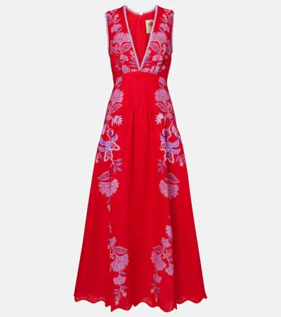 FARM RIO PORCELAIN GARDEN FLORAL LINEN MIDI DRESS