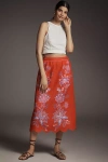 Farm Rio Porcelain Garden Embroidered Scallop-hem Midi Skirt In Red