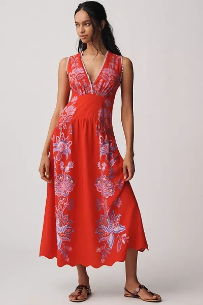 FARM RIO PORCELAIN GARDEN RED LINEN A-LINE MIDI DRESS