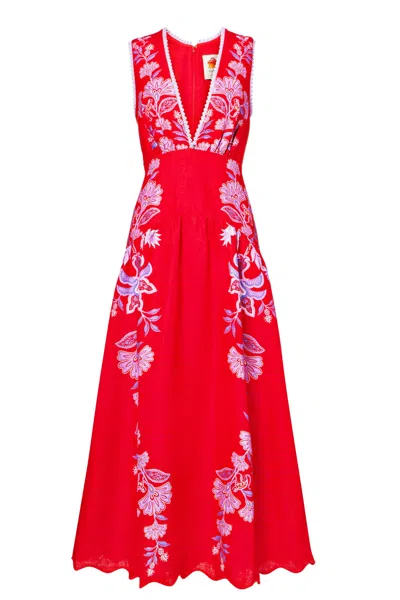 Farm Rio Womens Porcelain Garden Red Porcelain Garden V-neck Linen Midi Dress Xs