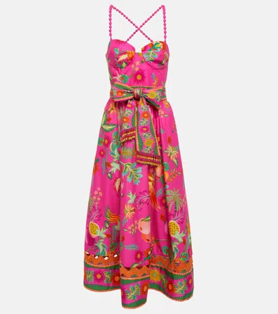 Farm Rio Printed Beaded Cotton Midi Dress In Multicoloured