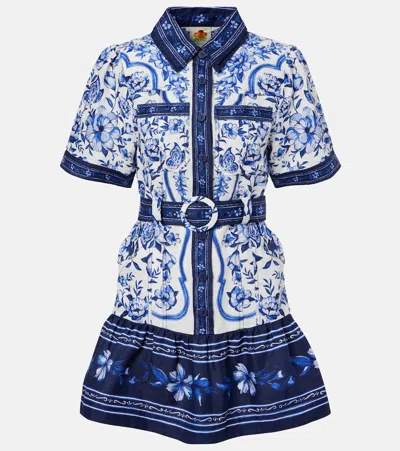 Farm Rio Printed Belted Linen Shirt Dress In Blue