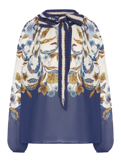 Farm Rio Printed Blouse With A Bow At The Neck In Blue