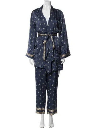 Pre-owned Farm Rio Printed Bow Accents Robe In Blue
