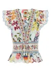 Farm Rio Off-white Greek Garden Smocked Blouse In White