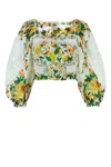Farm Rio Papaya Salad Eyelet Puff Sleeve Cotton Crop Top In Papayasaladscarfoffwhite