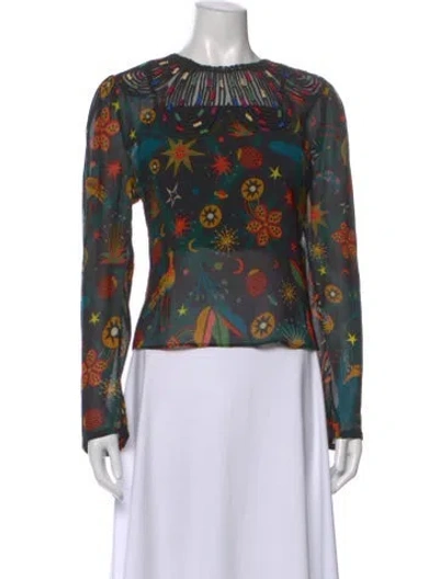 Pre-owned Farm Rio Printed Crew Neck Blouse In Black