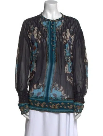 Pre-owned Farm Rio Printed Crew Neck Blouse In Blue