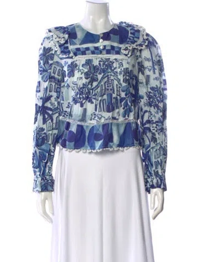 Pre-owned Farm Rio Printed Crew Neck Blouse In Blue