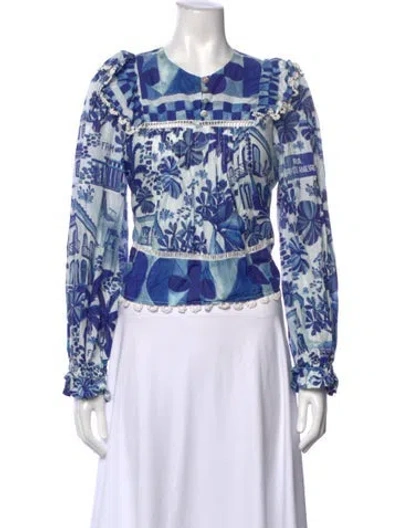 Pre-owned Farm Rio Printed Crew Neck Blouse In Blue