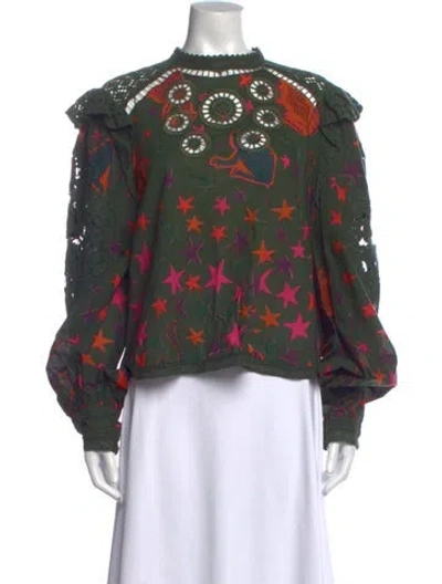 Pre-owned Farm Rio Printed Crew Neck Blouse In Green