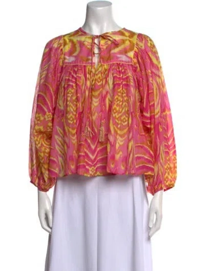 Pre-owned Farm Rio Printed Crew Neck Blouse In Pink